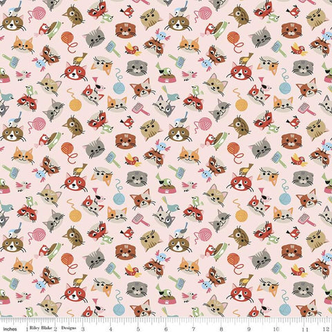 Fat Quarter End of Bolt - SALE Cat's Meow Head Toss C11631 Pink - Riley Blake Designs - Cats Kittens Birds Yarn - Quilting Cotton Fabric