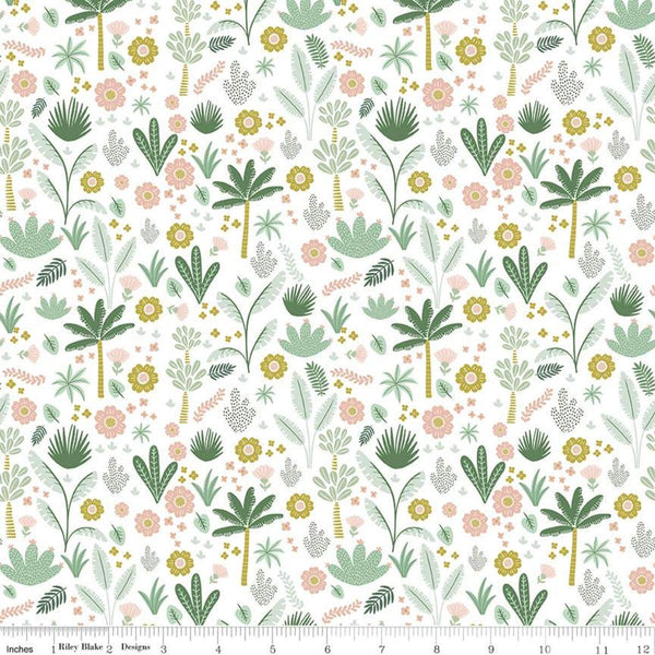 19" End of Bolt - SALE Hibiscus Foliage C11542 White - Riley Blake Designs - Floral Flowers Leaves Trees - Quilting Cotton Fabric