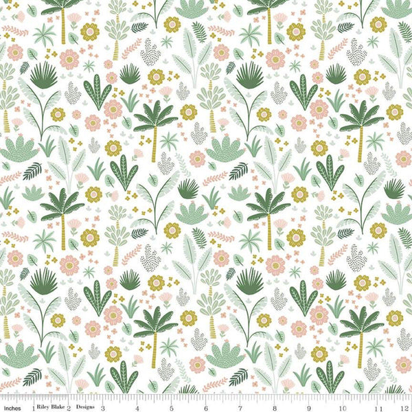 19" End of Bolt - SALE Hibiscus Foliage C11542 White - Riley Blake Designs - Floral Flowers Leaves Trees - Quilting Cotton Fabric