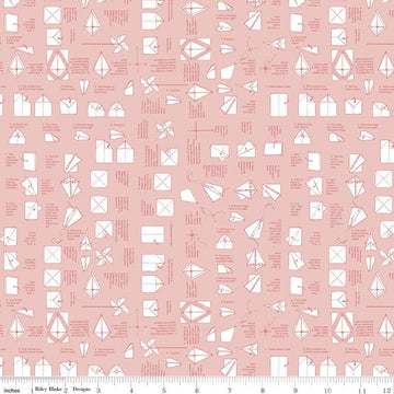 14" End of Bolt - CLEARANCE On the Wind Folded Paper C11854 Coral - Riley Blake - Airplanes Kites Pinwheels Text - Quilting Cotton Fabric