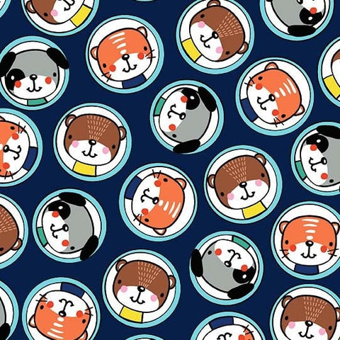 CLEARANCE Nautilus Cute Sailors DCX10398 Navy - Michael Miller - Juvenile Ocean Submarine Portholes Dog Cat Blue - Quilting Cotton Fabric