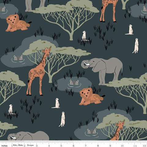 Fat Quarter End of Bolt - The Waterhole Main C11840 Midnight - Riley Blake - Giraffe Elephant Meerkat Hippopotamus - Quilting Cotton Fabric