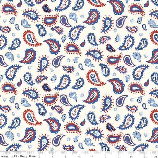 Fat Quarter End of Bolt - SALE Red White & Bang! Paisley C11522 Cream - Riley Blake - Patriotic Independence Day Paisleys - Quilting Cotton