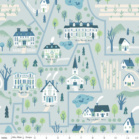 Fat Quarter End of Bolt - SALE Little Women Map C11872 Dusk - Riley Blake - Houses Buildings Roads Trees  - Quilting Cotton Fabric
