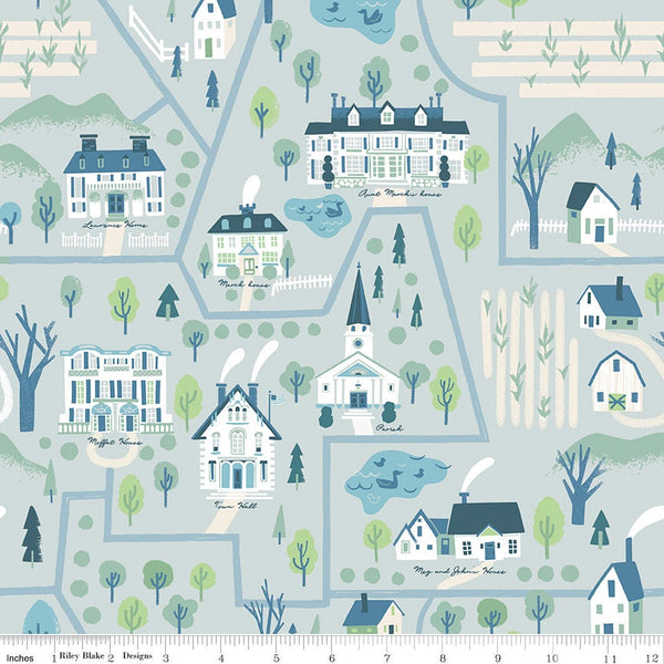 Fat Quarter End of Bolt - SALE Little Women Map C11872 Dusk - Riley Blake - Houses Buildings Roads Trees  - Quilting Cotton Fabric