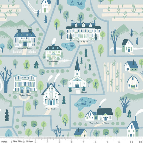 Fat Quarter End of Bolt - SALE Little Women Map C11872 Dusk - Riley Blake - Houses Buildings Roads Trees  - Quilting Cotton Fabric