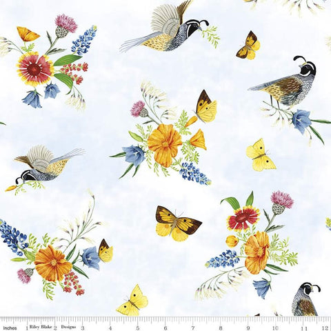 Fat Quarter End of Bolt - SALE Golden Poppies Main C11800 White - Riley Blake - Flowers Birds Quail Butterflies - Quilting Cotton Fabric