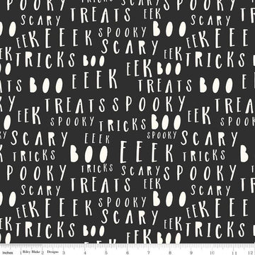 Fat Quarter End of Bolt - SALE Bad to the Bone Words GC11924 Black GLOW in the DARK - Riley Blake Designs - Halloween Text - Quilting Cotton