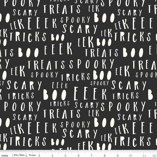 Fat Quarter End of Bolt - SALE Bad to the Bone Words GC11924 Black GLOW in the DARK - Riley Blake Designs - Halloween Text - Quilting Cotton