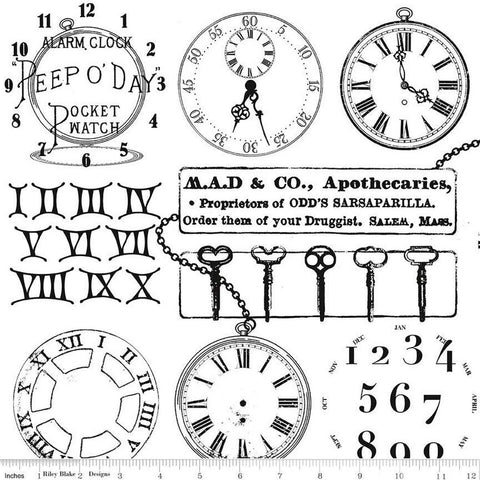 28" End of Bolt - Mad Masquerade Watch Out C11956 Black - Riley Blake - Halloween Alice in Wonderland Pocket Watches  Quilting Cotton Fabric