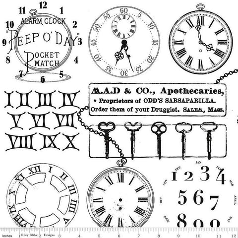28" End of Bolt - Mad Masquerade Watch Out C11956 Black - Riley Blake - Halloween Alice in Wonderland Pocket Watches  Quilting Cotton Fabric
