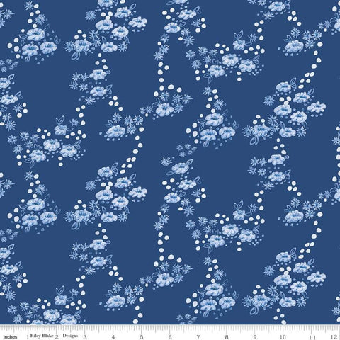 27" End of Bolt - SALE Sunshine and Dewdrops Field C11973 Royal - Riley Blake Designs - Floral Flowers Blue - Quilting Cotton Fabric
