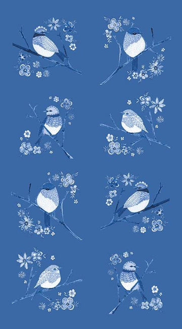 CLEARANCE Sunshine & Dewdrops Birds Panel P11978 Blue - Riley Blake - Bird Branches Flowers - Quilting Cotton Fabric