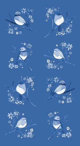 CLEARANCE Sunshine and Dewdrops Birds Panel P11978 Blue by Riley Blake - Bird Branches Flowers - Quilting Cotton Fabric