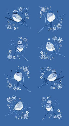 SALE Sunshine and Dewdrops Birds Panel P11978 Blue by Riley Blake - Bird Branches Flowers - Quilting Cotton Fabric