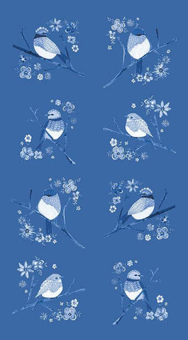 CLEARANCE Sunshine and Dewdrops Birds Panel P11978 Blue by Riley Blake - Bird Branches Flowers - Quilting Cotton Fabric