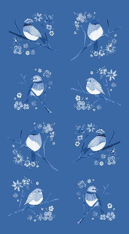 Sunshine and Dewdrops Birds Panel P11978 Blue by Riley Blake - Bird Branches Flowers - Quilting Cotton Fabric