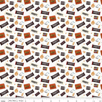 Fat Quarter End of Bolt Piece Celebrate with Hershey Candy Toss C11981 White Riley Blake Halloween Spiders Chocolate Quilting Cotton Fabric