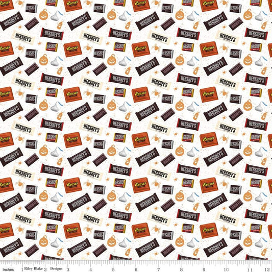 Fat Quarter End of Bolt Piece Celebrate with Hershey Candy Toss C11981 White Riley Blake Halloween Spiders Chocolate Quilting Cotton Fabric
