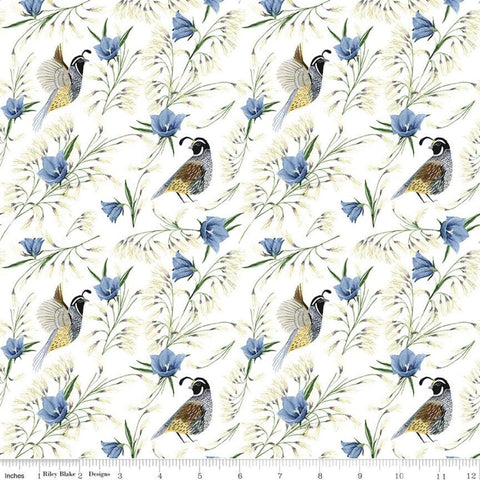 11" End of Bolt - Golden Poppies Quail C11802 White - Riley Blake Designs - Birds Flowers Leaves - Quilting Cotton Fabric