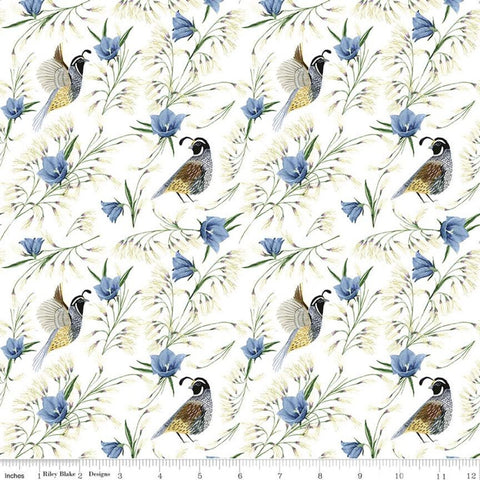 14" End of Bolt - Golden Poppies Quail C11802 White - Riley Blake Designs - Birds Flowers Leaves - Quilting Cotton Fabric