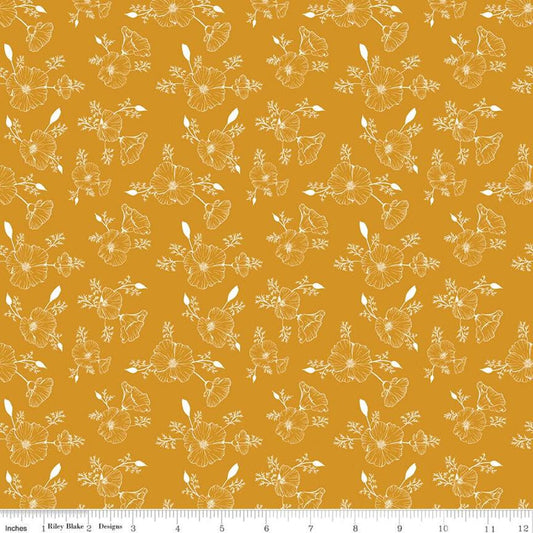 10" End of Bolt - SALE Golden Poppies Tonal C11804 Orange - Riley Blake Designs - Floral Line-Drawn Flowers - Quilting Cotton Fabric