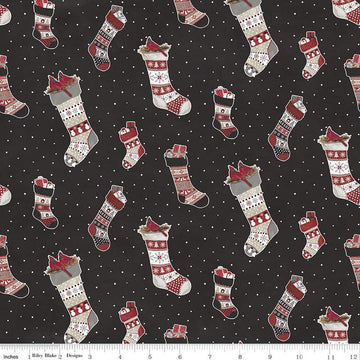 Fat Quarter End of Bolt - CLEARANCE FLANNEL Hello Winter Stockings F11941 Black - Riley Blake - Christmas Stocking - FLANNEL Cotton Fabric