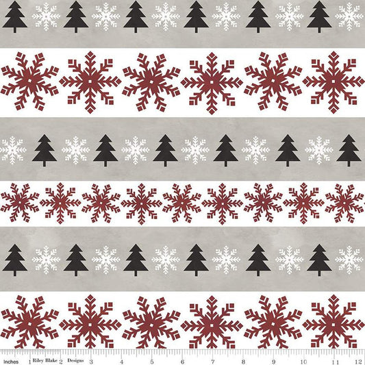 27" End of Bolt - CLEARANCE FLANNEL Hello Winter Stripes F11942 Taupe - Riley Blake - Christmas Stripe Snowflakes Pine Trees - Cotton Fabric