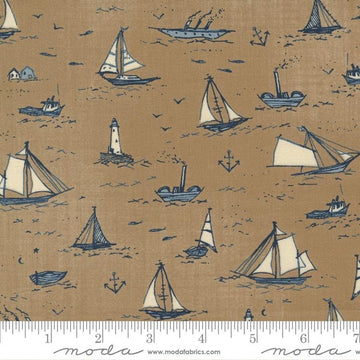 23" End of Bolt - To the Sea Boats 16930 Sand - Moda Fabrics - Sailboats Lighthouses Boating Sailing Anchors Tan - Quilting Cotton Fabric