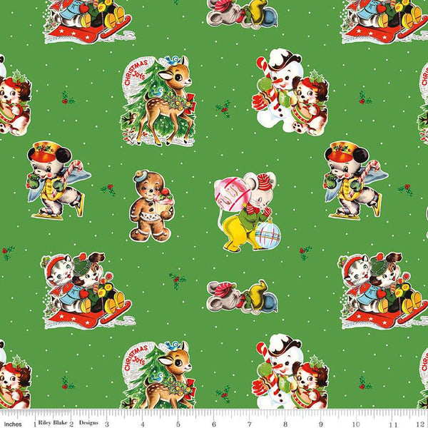 15" End of Bolt - SALE Christmas Joys Main C12250 Green - Riley Blake - Vintage Animals Snowmen Gingerbread Men  - Quilting Cotton Fabric