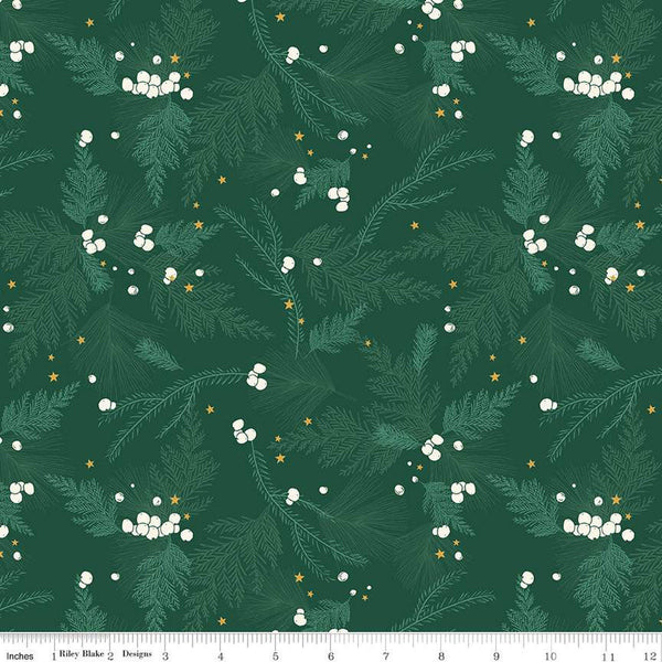 31" End of Bolt - Old Fashioned Christmas Main C12130 Forest - Riley Blake - Pine Needles Berries Green - Quilting Cotton Fabric