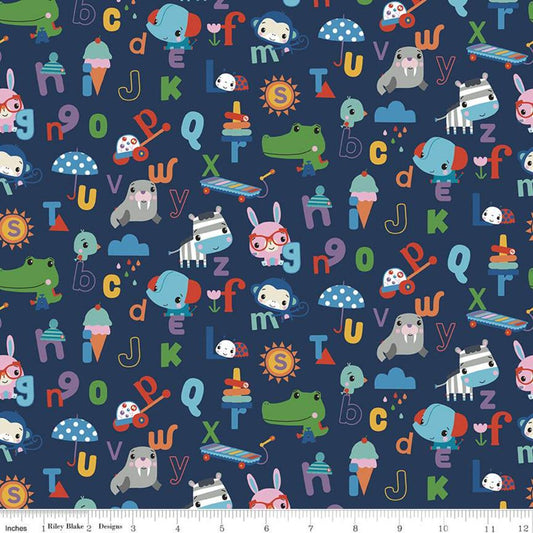 26" End of Bolt - Let's Play Alphabet C11882 Navy - Riley Blake - Fisher-Price Animals Toys Letters - Quilting Cotton - Licensed Product