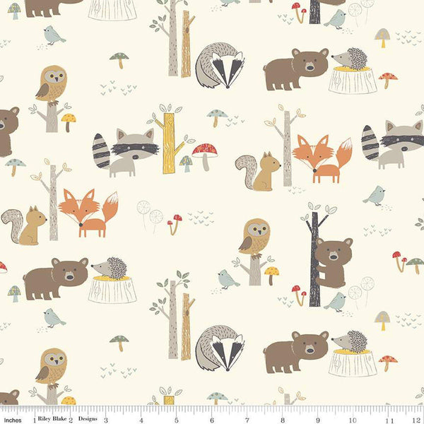 13" End of Bolt Piece - FLANNEL Forest Friends F12008 Cream - Riley Blake - Children's Animals Bear Fox Owl Racoon - FLANNEL Cotton Fabric