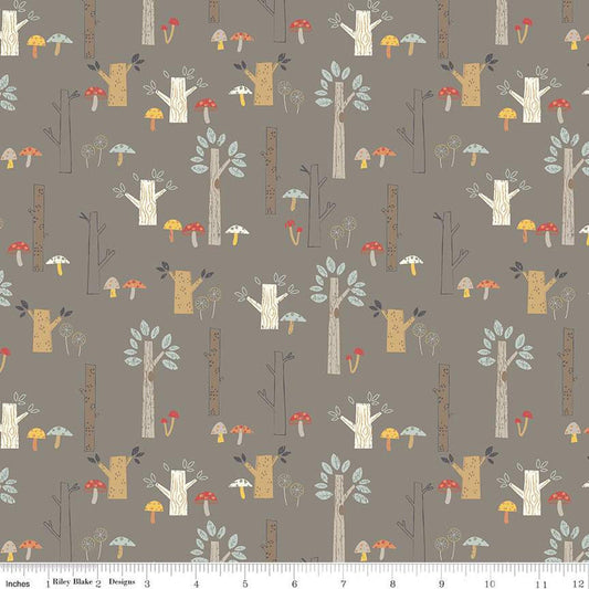 17" End of Bolt - SALE FLANNEL Trees F12009 Pebble - Riley Blake Designs - Plants Mushrooms Brown - FLANNEL Cotton Fabric