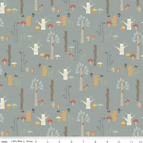 FLANNEL Trees F12009 Teal - Riley Blake Designs - Plants Mushrooms Brown - FLANNEL Cotton Fabric