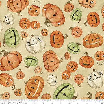 14" End of Bolt - SALE Halloween Whimsy Pumpkins C11821 Parchment - Riley Blake Designs - Jack-o-Lanterns - Quilting Cotton Fabric