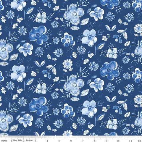 10" End of Bolt - Sunshine and Dewdrops Main C11970 Royal - Riley Blake Designs - Floral Flowers Blue - Quilting Cotton Fabric