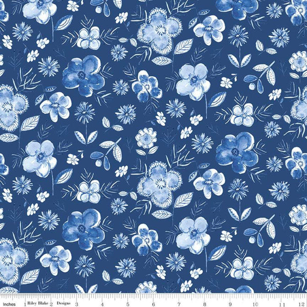 10" End of Bolt - Sunshine and Dewdrops Main C11970 Royal - Riley Blake Designs - Floral Flowers Blue - Quilting Cotton Fabric