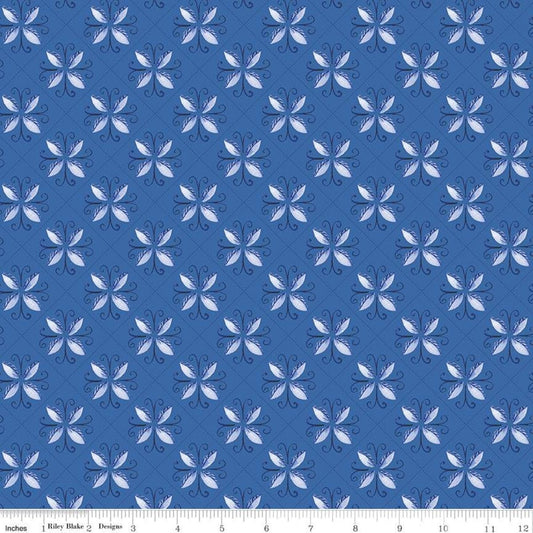16" End of Bolt - SALE Sunshine & Dewdrops Tile C11971 Blue - Riley Blake Designs - Geometric Leaf Medallions - Quilting Cotton Fabric