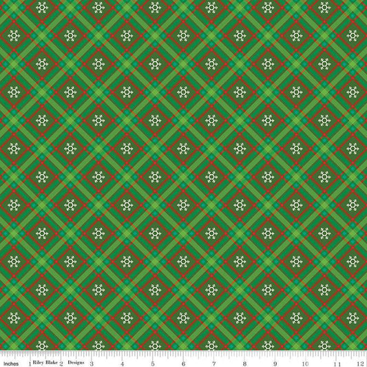 Fat Quarter End of Bolt - SALE Winter Wonder Plaid C12067 Green - Riley Blake - Christmas Diagonal White Snowflakes - Quilting Cotton Fabric