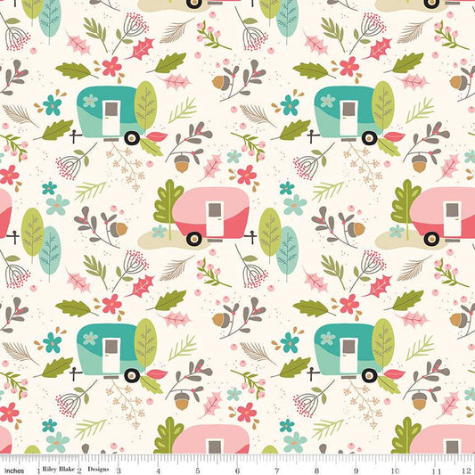 17" End of Bolt - SALE Glamp Camp Main C12350 Cream - Riley Blake - Glam Camping Glamping Trailers Flowers Leaves - Quilting Cotton Fabric