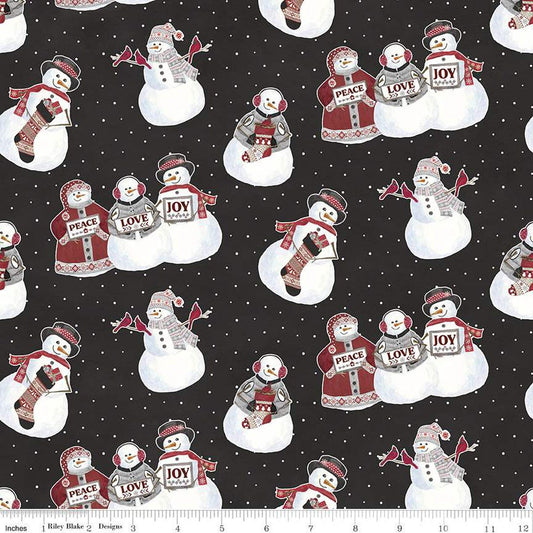 24" End of Bolt - SALE FLANNEL Hello Winter Main F11940 Black - Riley Blake - Christmas Snowmen Peace Love Joy Stockings - FLANNEL Cotton