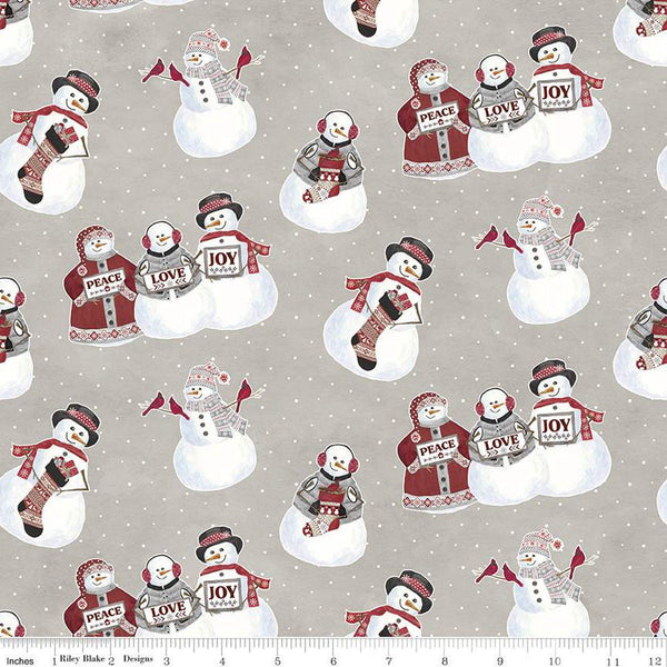 Fat Quarter End of Bolt - SALE FLANNEL Hello Winter Main F11940 Taupe - Riley Blake - Christmas Snowmen Love Stockings Birds - Cotton Fabric