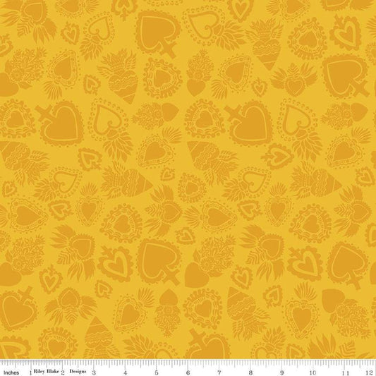 CLEARANCE Fat Quarter End of Bolt - Amor Eterno Hearts C11813 Yellow - Riley Blake-Dia de Muertos Tone-on-Tone Mexico-Quilting Cotton Fabric