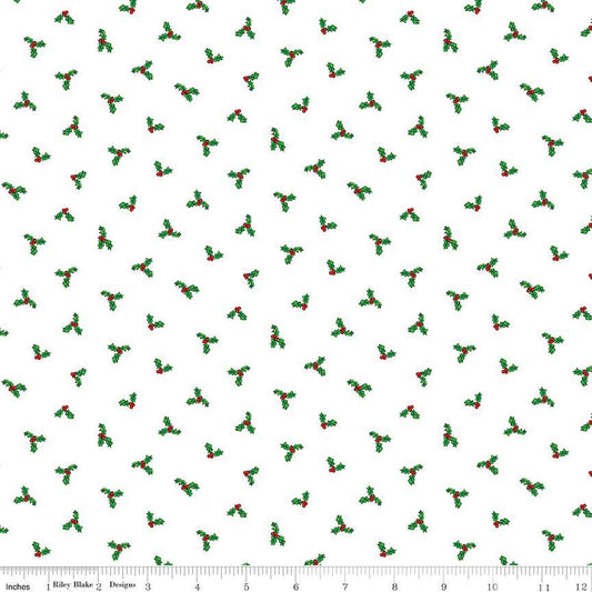 28" End of Bolt - Christmas Joys Holly C12254 White - Riley Blake Designs - Holly Berries - Quilting Cotton Fabric