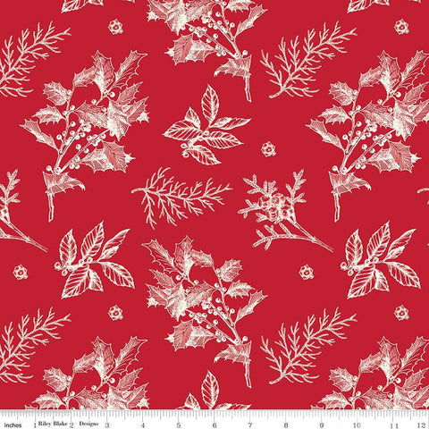 16" End of Bolt - Old Fashioned Christmas Sprigs C12132 Red - Riley Blake - Leaves Berries Holly Cream on Red - Quilting Cotton Fabric