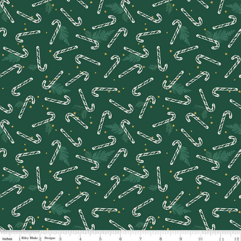 19" End of Bolt - Old Fashioned Christmas Candy Canes C12134 Forest - Riley Blake - Pine Needles Stars Green - Quilting Cotton Fabric