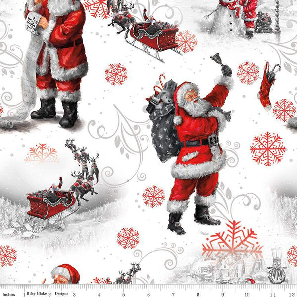 15" End of Bolt - SALE Picture a Christmas Santa CD12370 White - Riley Blake - DIGITALLY PRINTED Sleigh Reindeer  - Quilting Cotton Fabric