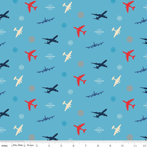 28" End of Bolt Piece - Pan Am Airplanes C12121 Blue - Riley Blake Designs - Logo Planes - Quilting Cotton Fabric