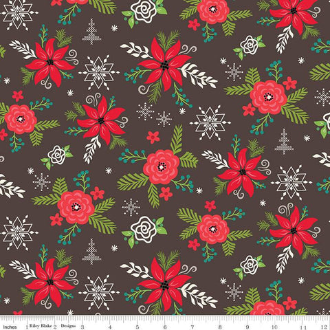 Winter Wonder Main C12060 Charcoal - Riley Blake Designs - Christmas Floral Flowers Pine Needles Berries - Quilting Cotton Fabric